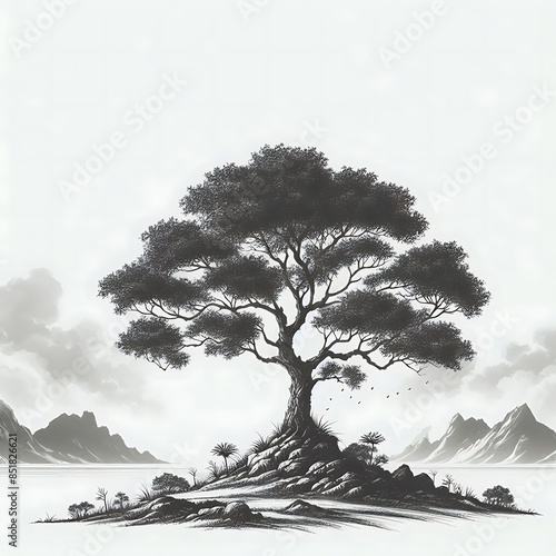 A tree design drawing graphic on a small island Illustrative optimized unique engaging.