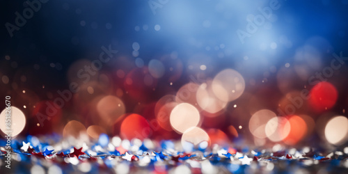 Banner with blue, red and white star shaped confetti and bokeh lights photo