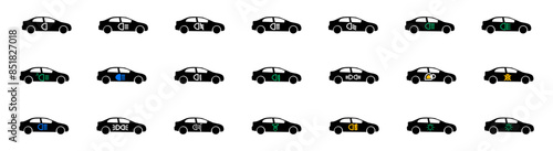 Automotive lighting icons set. Headlight, indicator light, dashboard symbols collection of images on a black passenger car. Vector