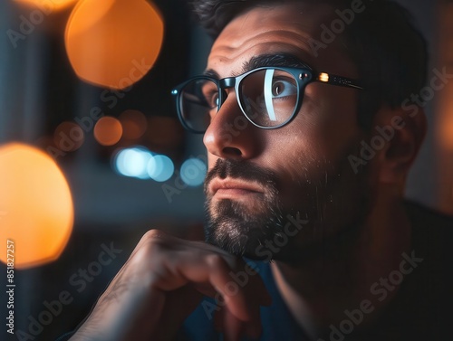 A young professional wearing glasses is looking at something thoughtfully. He has a beard and his hand is touching his chin. There are warm lights in the background.