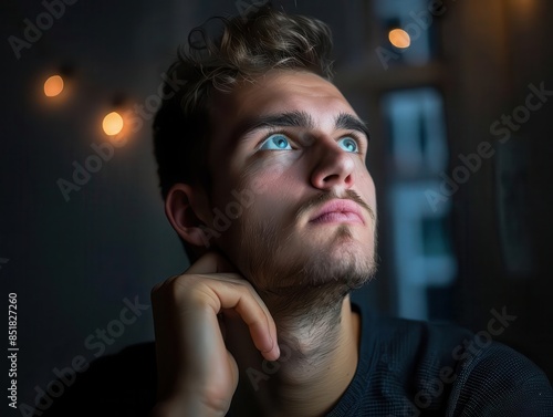 A young man with light brown hair and blue eyes is looking up in thought © Muhawaii