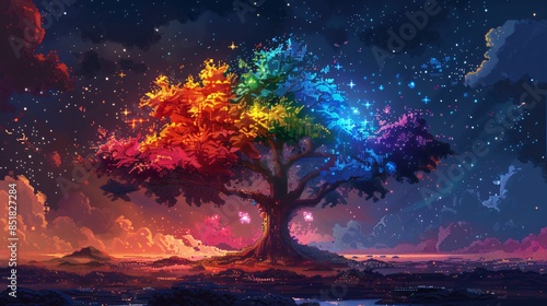 Vibrant Pixel Art Pride Tree with Rainbow Leaves under Starry Night Sky - Digital Illustration for LGBTQ+ Celebrations and Diversity Concepts © Level UP