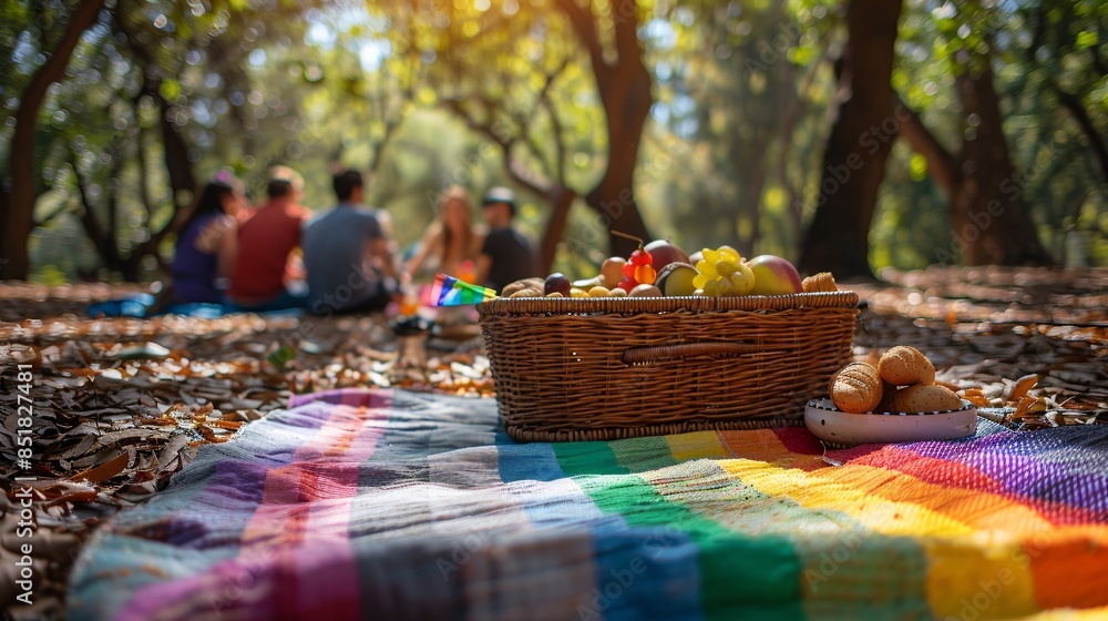 Joyful Pride Picnic Gathering in Park with Friends, LGBT Flags on Checkered Blanket, Copy Space on Picnic Basket - Inclusive LGBTQ+ Celebration Concept Joyful Pride Picnic Gathering in Park with Friends, LGBT Flags on Checkered Blanket, Copy Space on Picnic Basket - Inclusive LGBTQ+ Celebration Concept