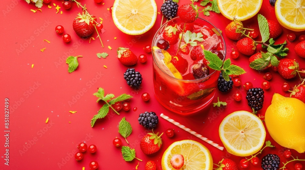 Naklejka premium Refreshing Summer Berry Drink with Lemon and Mint