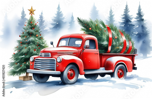 Illustration of a red truck carrying a large Christmas tree