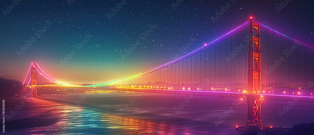 Obraz premium Pride Celebration: Golden Gate Bridge Glowing with Rainbow Lights at Night with Copy Space Below, Vibrant Illumination