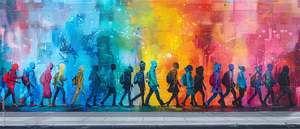 Obraz premium Unity in Diversity: Vibrant Pride Street Mural with Rainbow Colors and Diverse Figures Celebrating Love and Inclusion, Space for Text Message