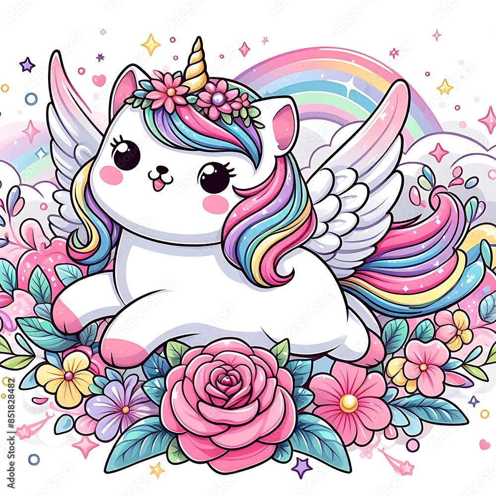 Obraz premium A cartoon cat design graphic with wings and rainbow hair creative.