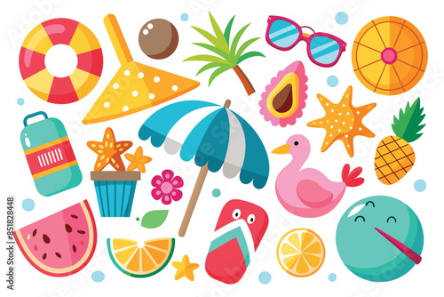 collection of colorful summer objects sticker icons. can be used for symbols, backgrounds and banners.
