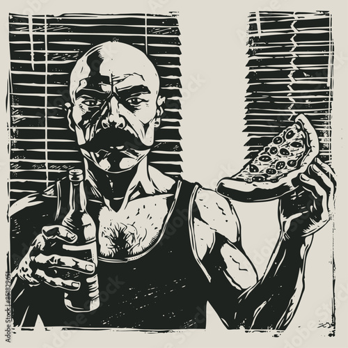 Bald man with mustache, with beer and pizza, vector