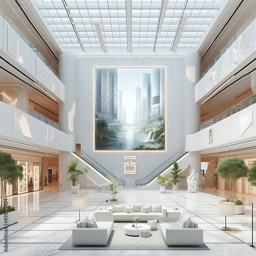 Modern commercial building interior with A large blank white screen building with a large window engaging.