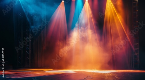 Photo of a stage with three spotlights shining down