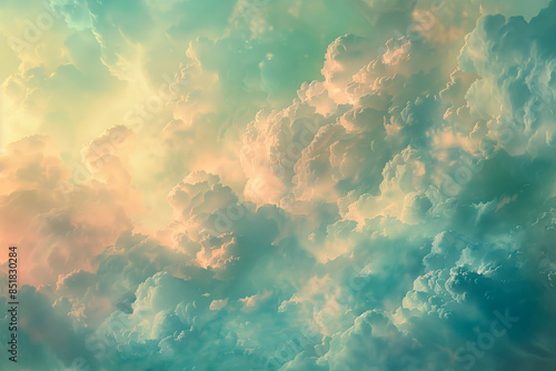 Skyscape with clouds tinted in gently menthol colors. Peacefulness that feels removed from earthly distractions. photo
