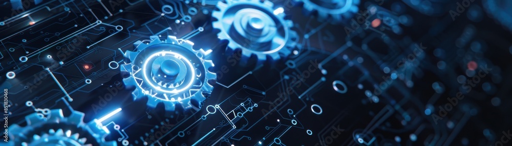Digital futuristic gears rotation wireframe technology Digital futuristic gears rotation wireframe technology