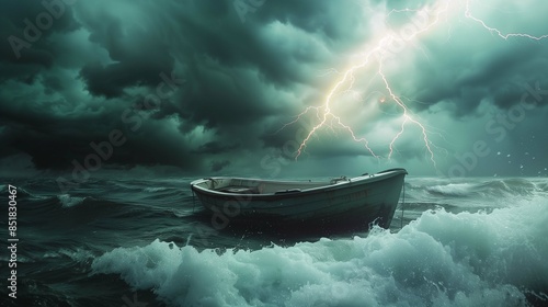 A boat on a stormy sea under dramatic lightning, thunderstorm photo