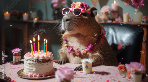 Capybara wearing sunglasses and a flower garland sits at a table with a birthday cake adorned with lit candles. The festive scene is filled with colorful decorations and a joyful atmosphere photo