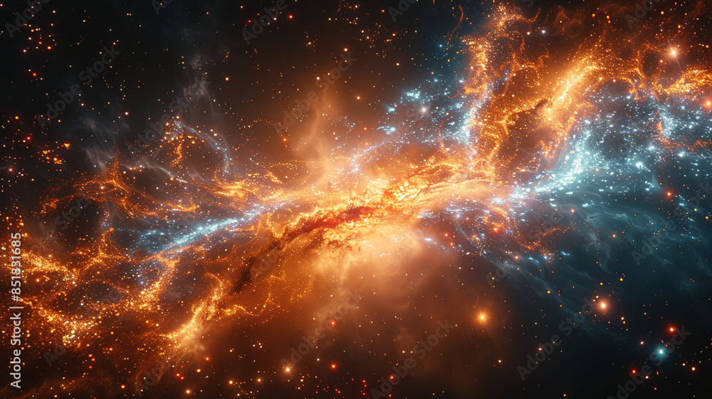 Obraz premium High-quality holographic universe: galaxies and celestial bodies in a network of light and energy