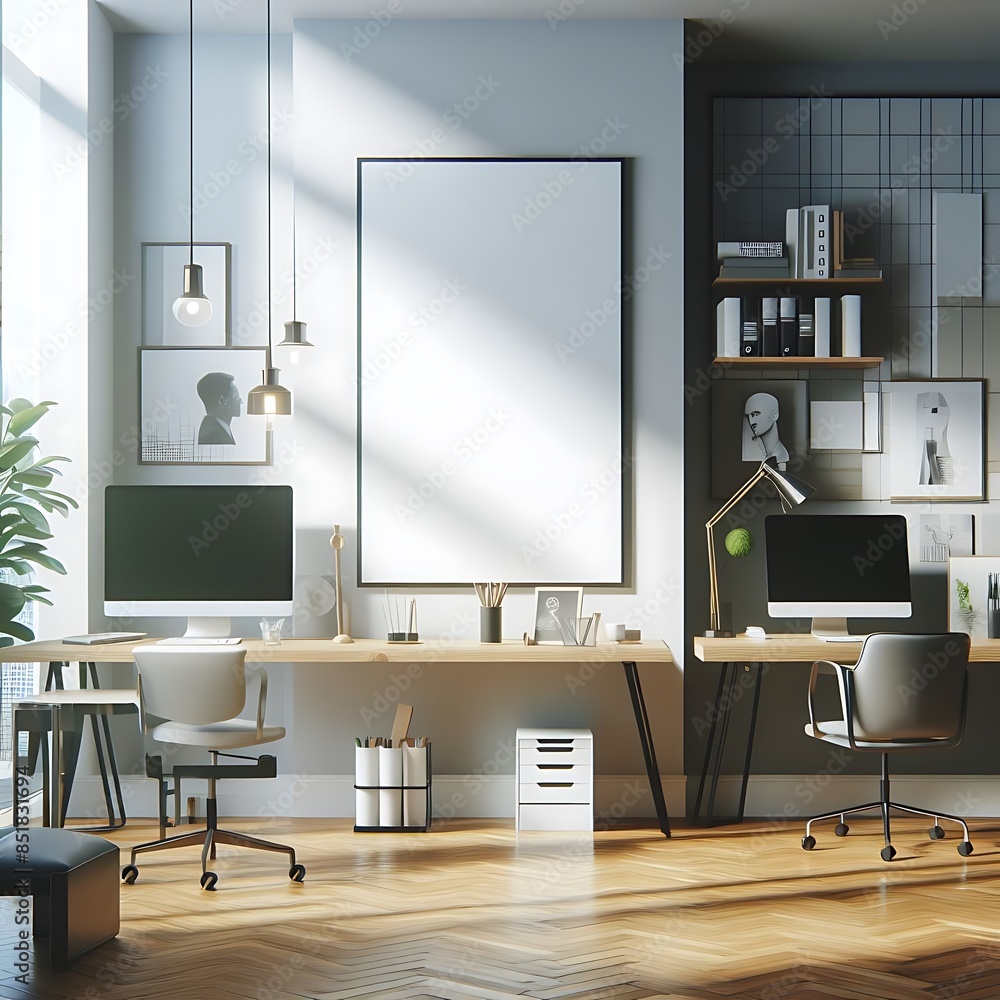 A room style interior set design with two computers and a large picture frame decoration informative. A room style interior set design with two computers and a large picture frame decoration informative.