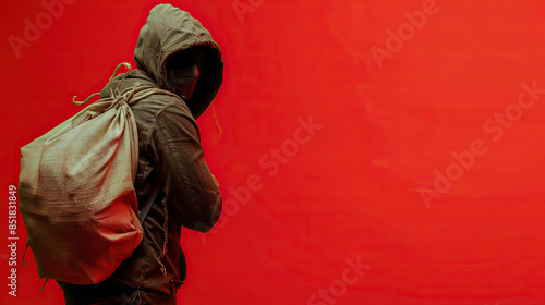 sneaky thief with a sack of loot on isolate red color background