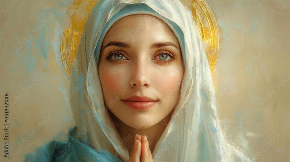 Serene portrait of the Virgin Mary with a golden halo, her hands in ...