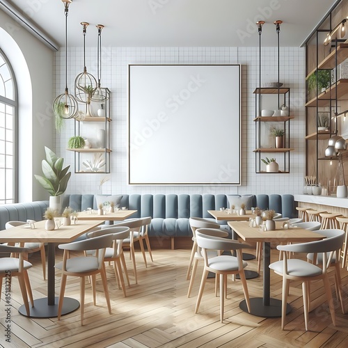 A space for restaurants cafe drinks and fast food room with poster mockup white combined with tables and chairs.