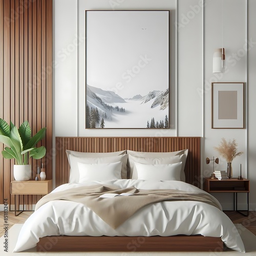 A bed in bedroom style interior set design have mockup poster empty white with and a picture on the wall unique creative unique Vibrant.