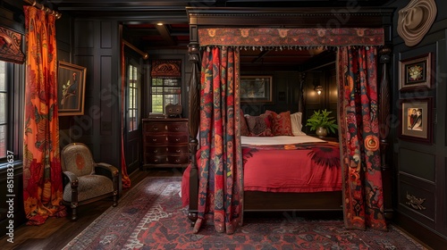 Luxurious bedroom with a classic four-poster bed rich in patterns and warm tones, the epitome of elegant interior design. 