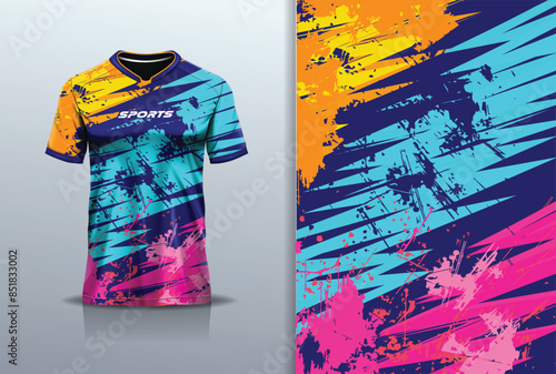 Sport jersey design template mockup stripe line grunge racing for football soccer, running, esports,  blue orange pink color