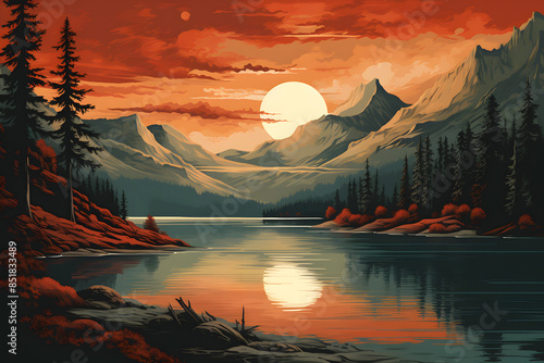 vintage style illustrated sunset in the mountains, mountain lake illustrated sunset