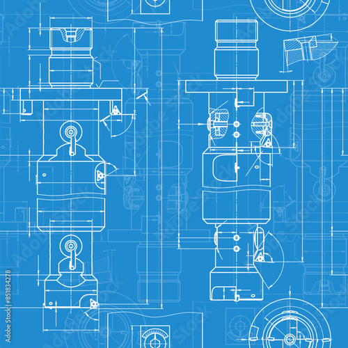 Mechanical engineering drawings on blue background. Tap tools, borer. Technical Design. Cover. Blueprint. Seamless pattern. Vector illustration.