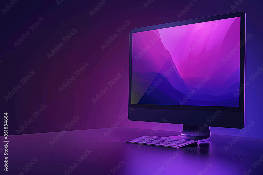 Minimalistic Purple Glow Modern Computer Monitor on Dark Background Minimalistic Purple Glow Modern Computer Monitor on Dark Background