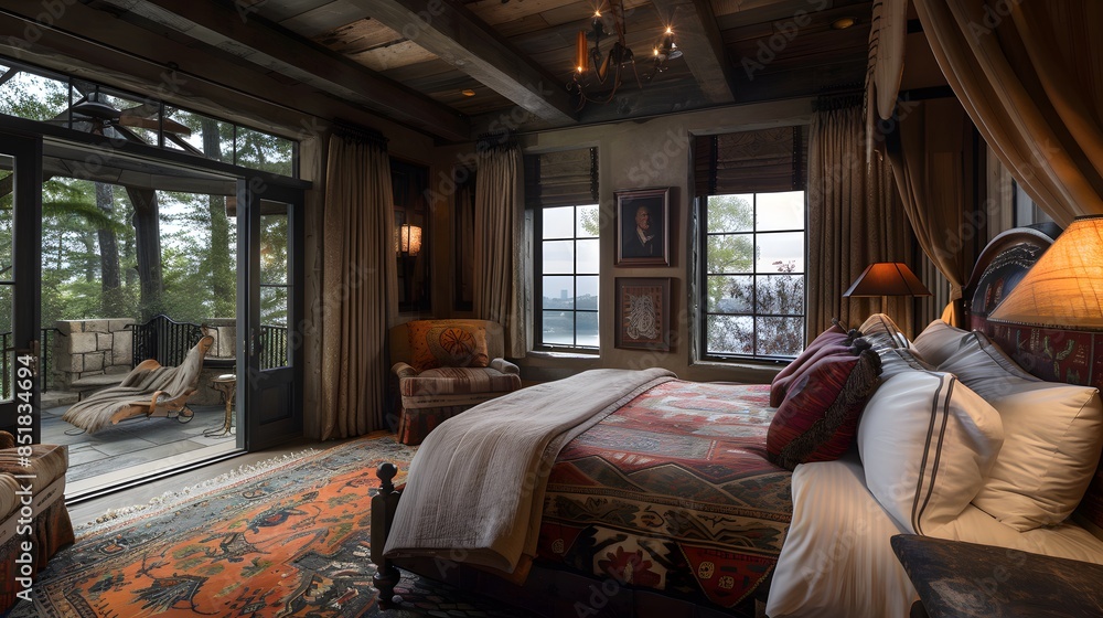Luxurious rustic bedroom with a comfortable bed, antique furniture, and a serene lake view through the balcony doors Luxurious rustic bedroom with a comfortable bed, antique furniture, and a serene lake view through the balcony doors