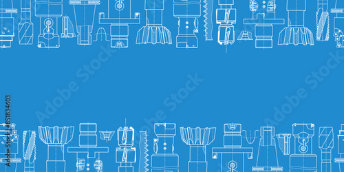 Mechanical engineering drawings on blue background. Tap tools, borer. Technical Design. Cover. Blueprint. Seamless pattern. Vector illustration.