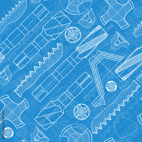Mechanical engineering drawings on blue background. Tap tools, borer. Technical Design. Cover. Blueprint. Seamless pattern. Vector illustration.