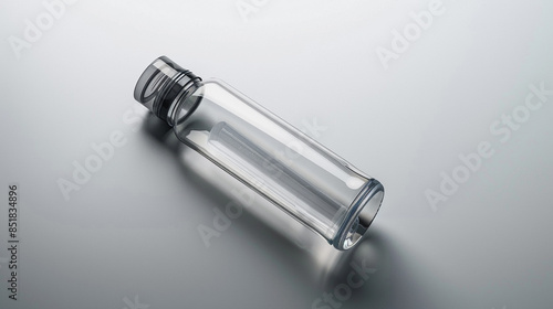Reusable water bottle with a built-in infuser lying diagonally on a clean white surface.