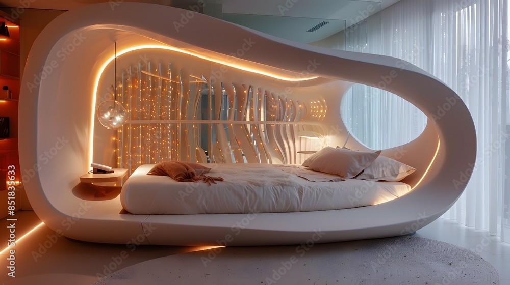 Fototapeta premium Modern and futuristic bedroom design with an integrated oval-shaped bed frame illuminated by ambient lighting 