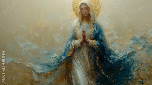 Serene depiction of the Virgin Mary, adorned in flowing robes with a golden halo, hands clasped in prayer, exuding divine grace and tranquility in a beautifully textured and luminous painting.