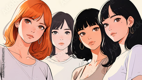 Stylized Illustration of Four Young Women with Diverse Hair Colors and Styles, Standing Together and Looking Confident, Digital Art