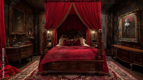 An opulent vintage bedroom with luxurious red bedding and elaborate wooden furniture exudes a royal atmosphere. 