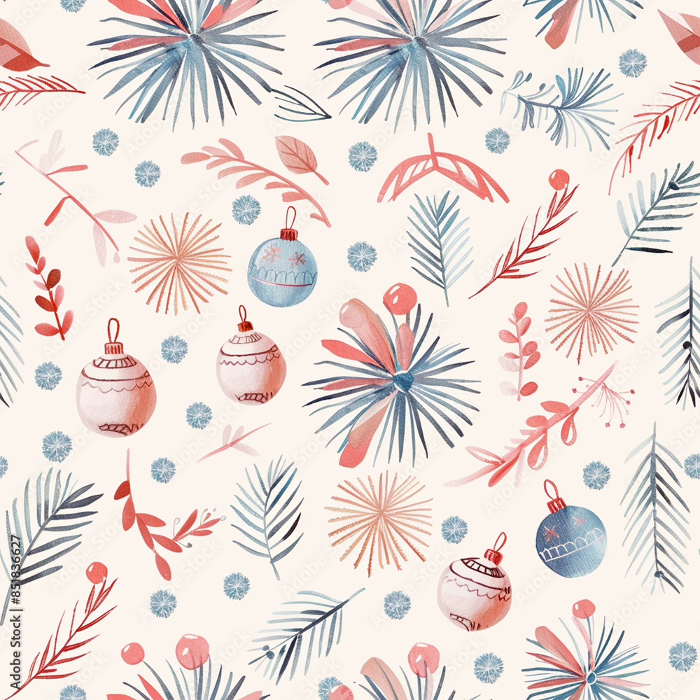 Cute Christmas pattern with hand drawn pine and new year balls. Winter backgrounds Cute Christmas pattern with hand drawn pine and new year balls. Winter backgrounds