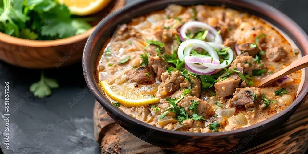 Savory Slow-Cooked Haleem Stew with Meat, Onions, Ginger, and Lemon. Concept Cooking Techniques, Meat Recipes, Comfort Food, Middle Eastern Cuisine, Hearty Stews