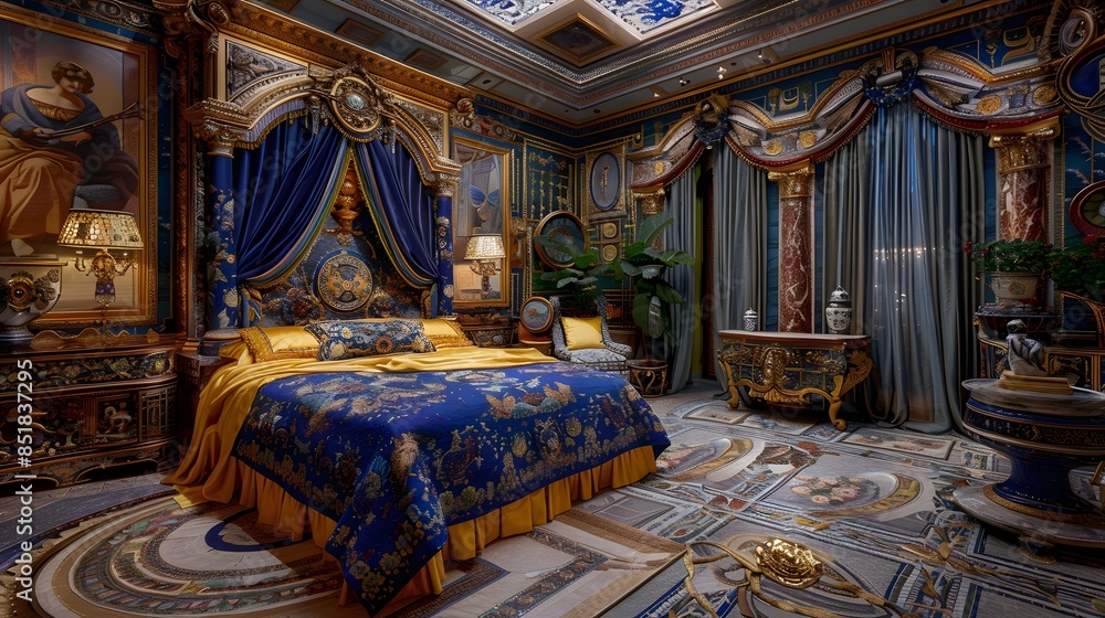 Obraz premium Opulent baroque style bedroom with luxurious furnishings and rich blue and gold colors, exuding grandeur and elegance. 
