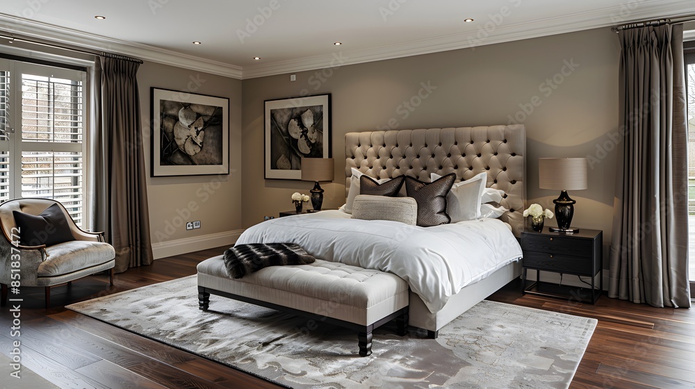 Fototapeta premium Elegant master bedroom with neutral tones and luxury decor showcasing sophisticated interior design.
