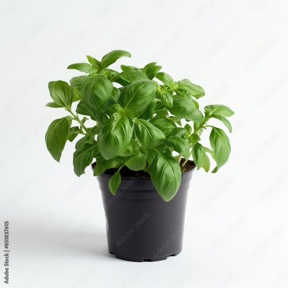 Medium shot of a potted basil plant isolated on white background Medium shot of a potted basil plant isolated on white background