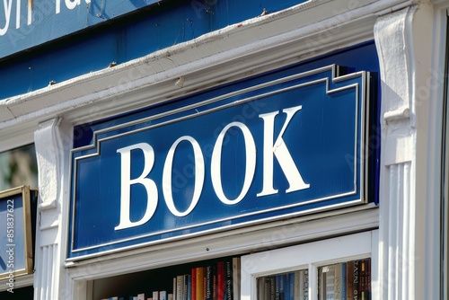 Close-up of a blue bookstore sign with the word 'BOOK' prominently displayed, emphasizing a literary retail location.