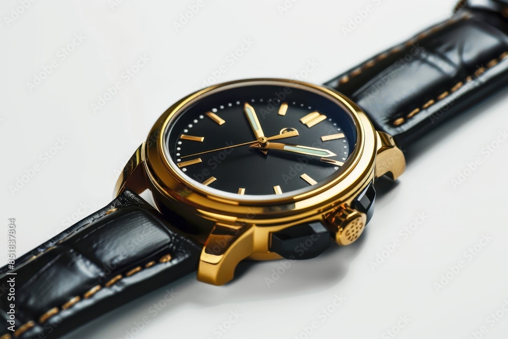Elegant gold wristwatch with black leather strap, luxury timepiece on white background, close-up view highlighting its design details. Elegant gold wristwatch with black leather strap, luxury timepiece on white background, close-up view highlighting its design details.