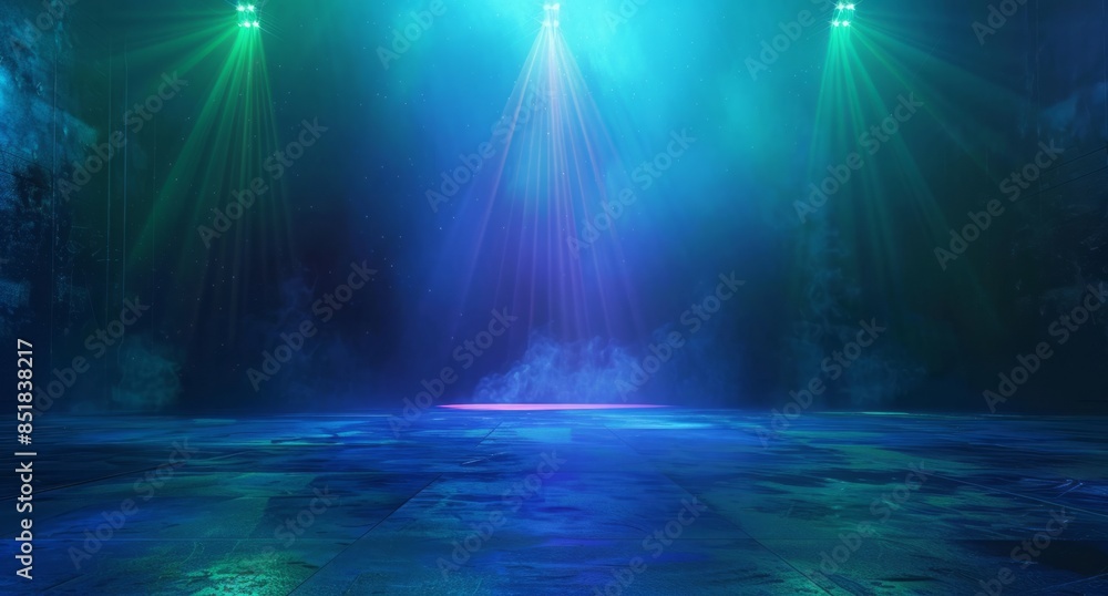 Dark blue background and green, with a glowing light beam shining down on the center of an empty stage Dark blue background and green, with a glowing light beam shining down on the center of an empty stage