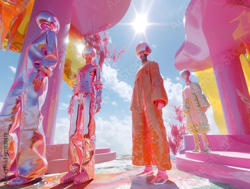 Develop a low-angle view of fashionable AI models at a utopian festival, showcasing unexpected camera angles with vibrant colors and futuristic styles in a digital 3D rendering photo