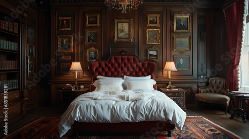Luxurious vintage bedroom with elegant red bed and classic decor under warm lighting.  photo