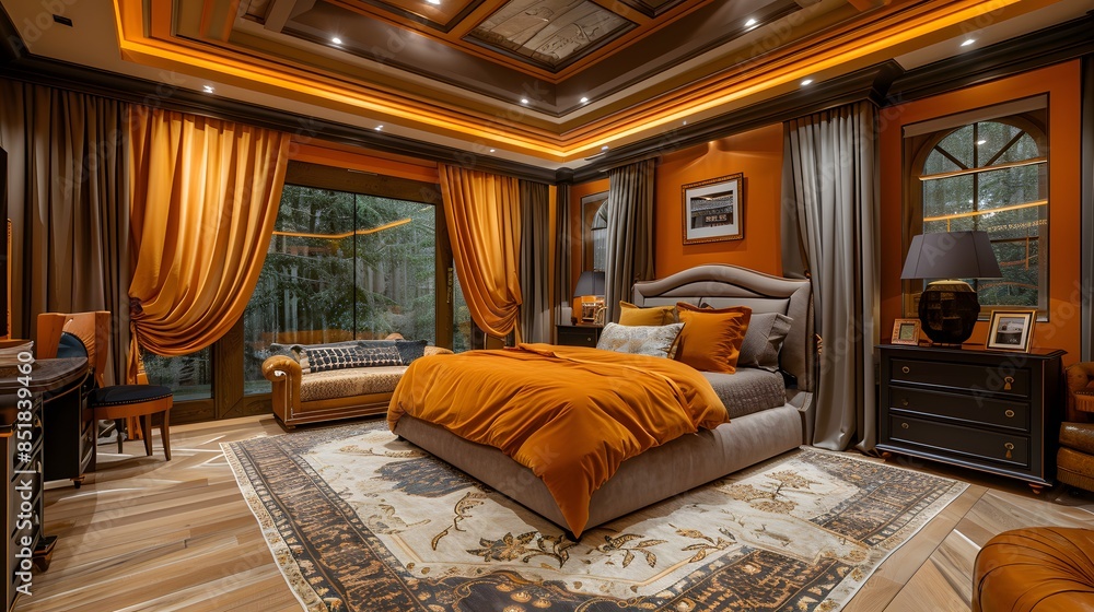 Fototapeta premium Luxurious bedroom interior with elegant furniture and warm lighting creating a cozy atmosphere.